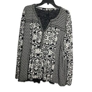 New Directions Curvy Womens 3X Top Black White Mixed Print Long Sleeve V-Neck